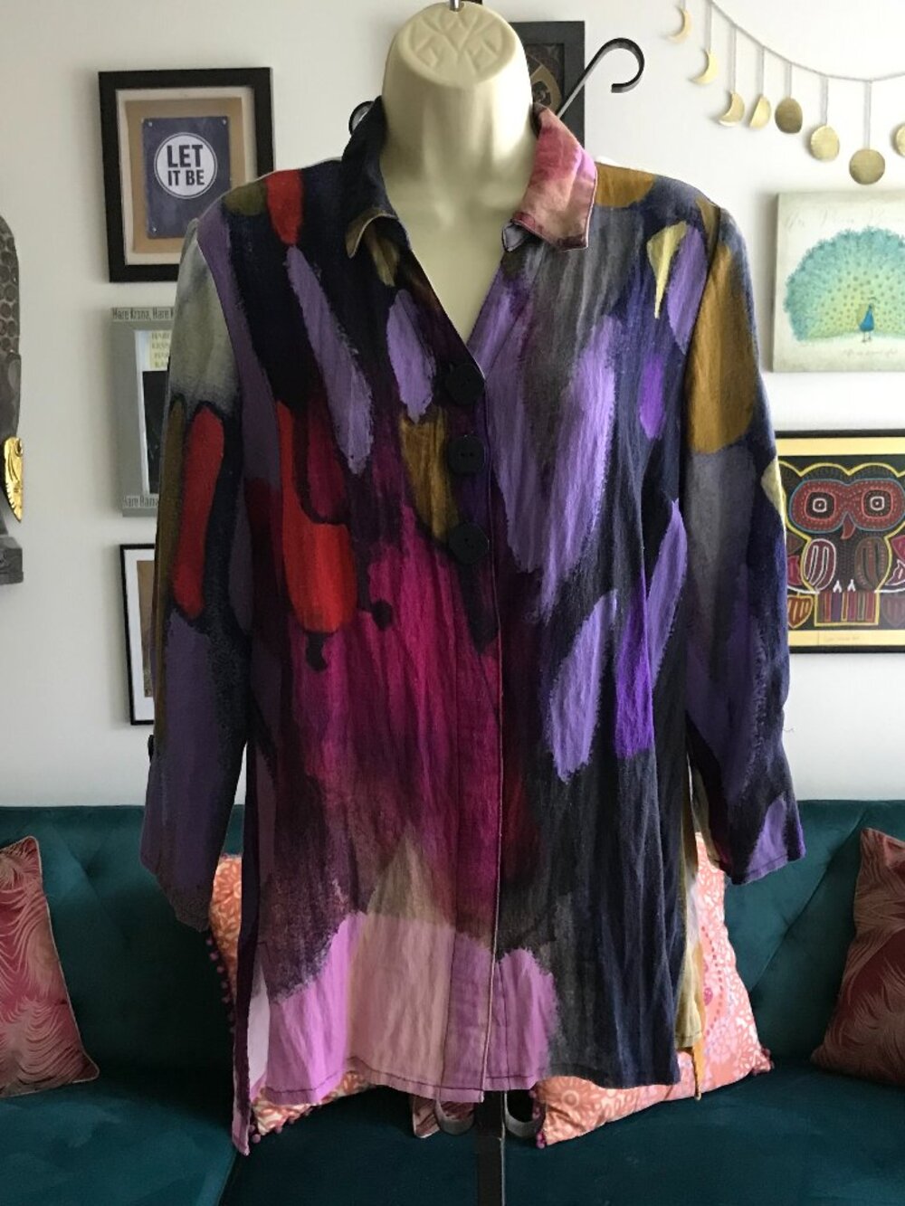 CLAIRE DESJARDINS by Carre Noir size S Artsy Vibrant Purple Print Hi Lo Top